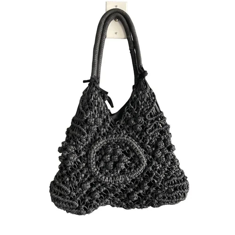 Clever Carriage Company Womens Black Crocheted Positano Hand Macrame Satchel Bag